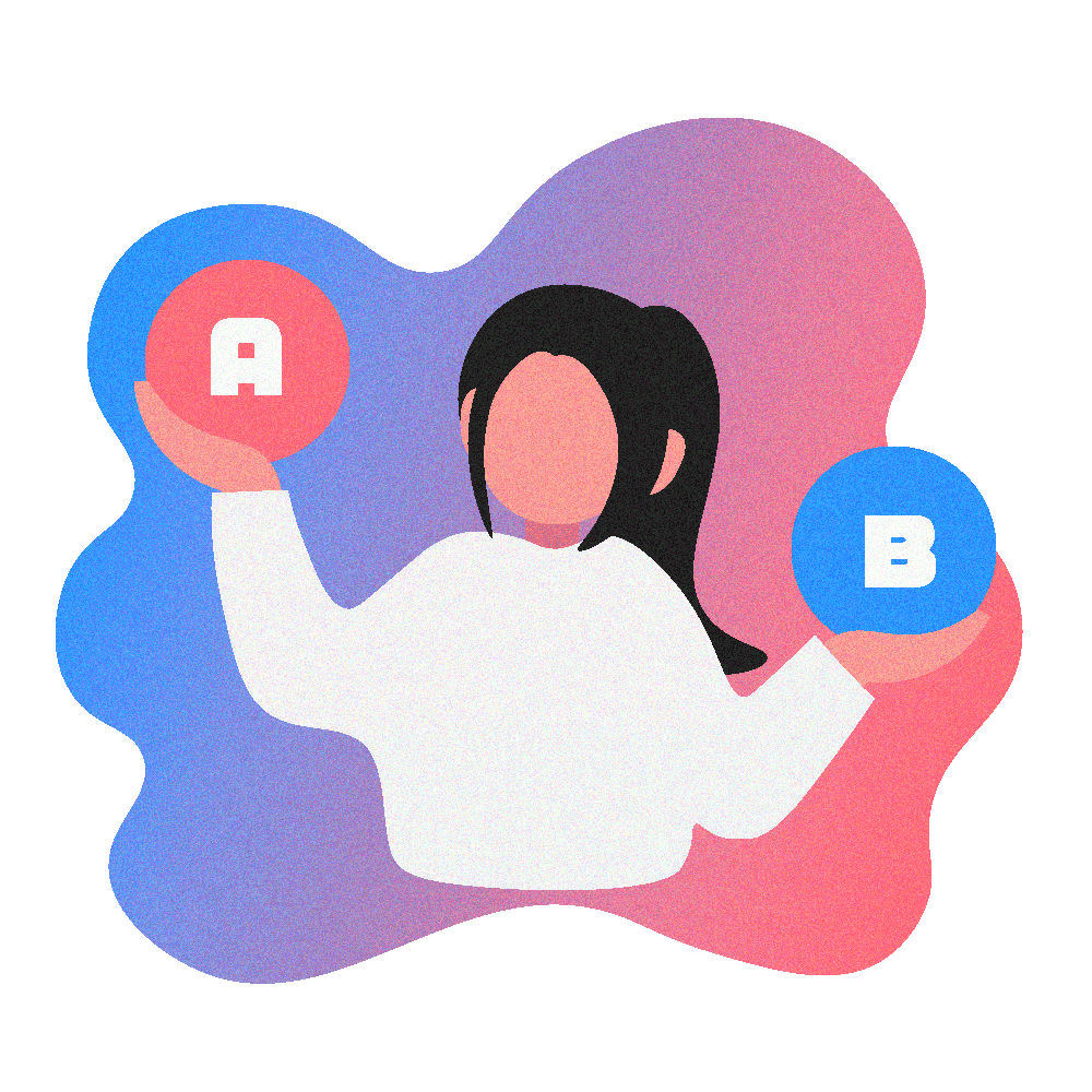 女性がAとBの選択肢を持っているイラスト